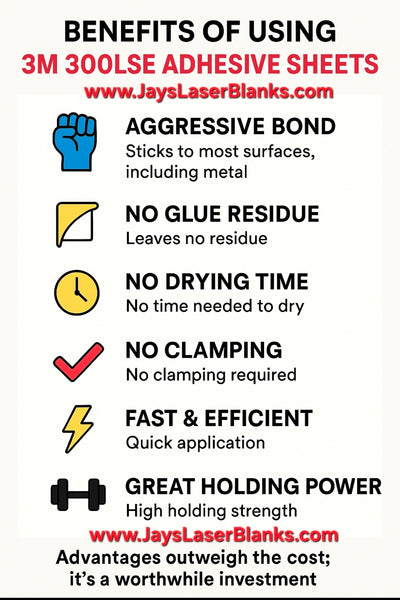 Advertisement for 3M 300LSE adhesive sheets with benefits listed on a white background.