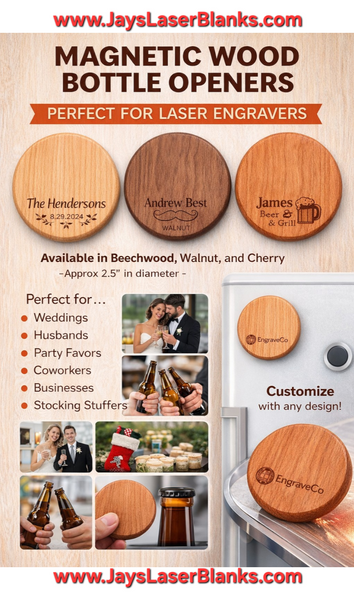 Advertisement for magnetic wood bottle openers with customizable designs, shown on a white background.