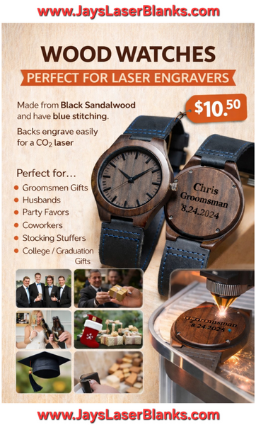 Advertisement for wood watches with laser engraving capabilities, featuring a watch being engraved.
